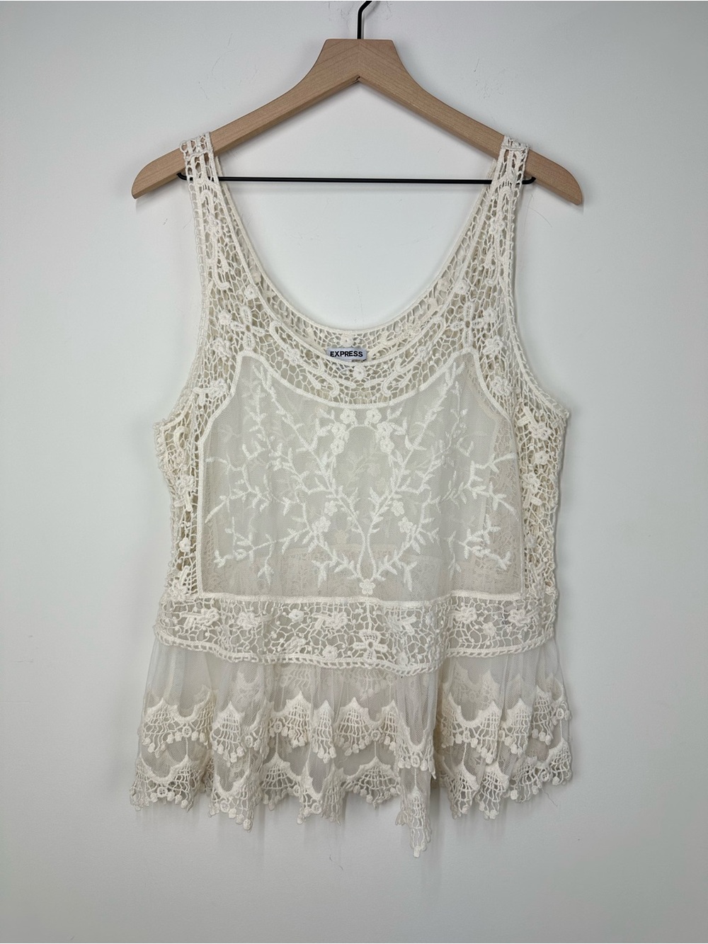 Express Cream Crochet Lace Embroidered Sheer Net Ruffle Overlay Tank Top, L